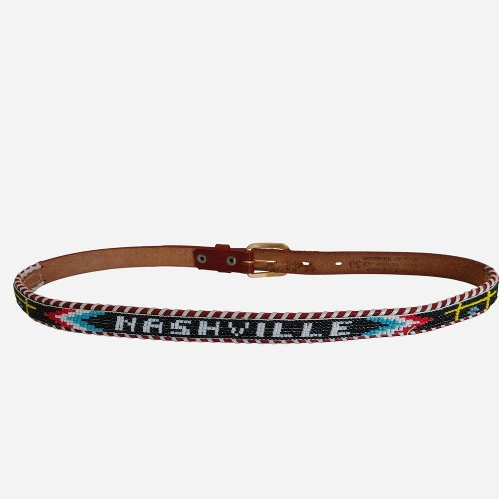Vintage Nashville Beaded Leather Belt Western Cowhide Red Brown Size 30 small
